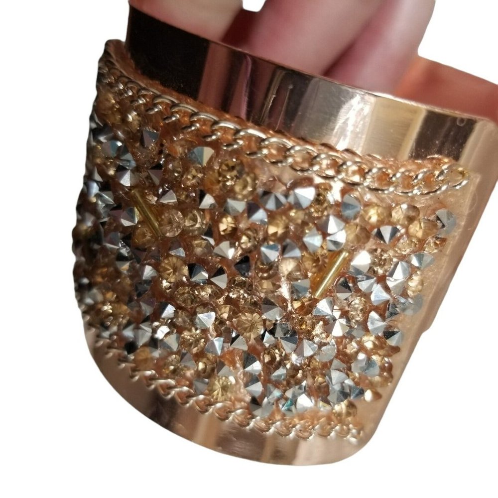 Copper Rose Gold Rhinestone Crush Glass Silver Studs Beaded Metal Cuff Bracelet - Picture 2 of 12